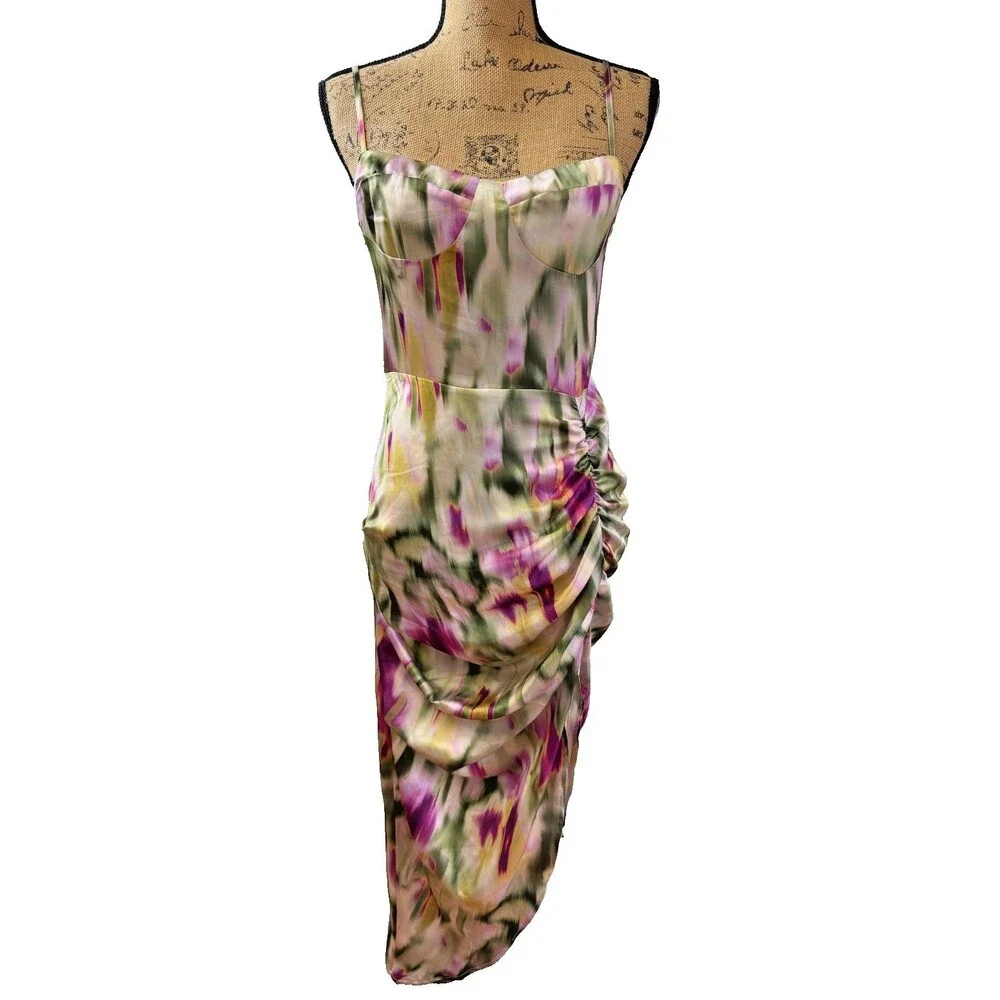 CIDER Watercolor Satin Ruched Asymmetrical Bodycon Midi Dress – Size Small